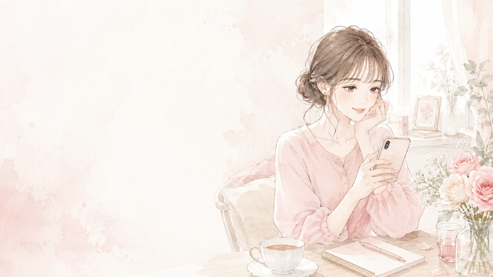 スマートフォンを見ながら恋活について考える20代女性の水彩イラスト