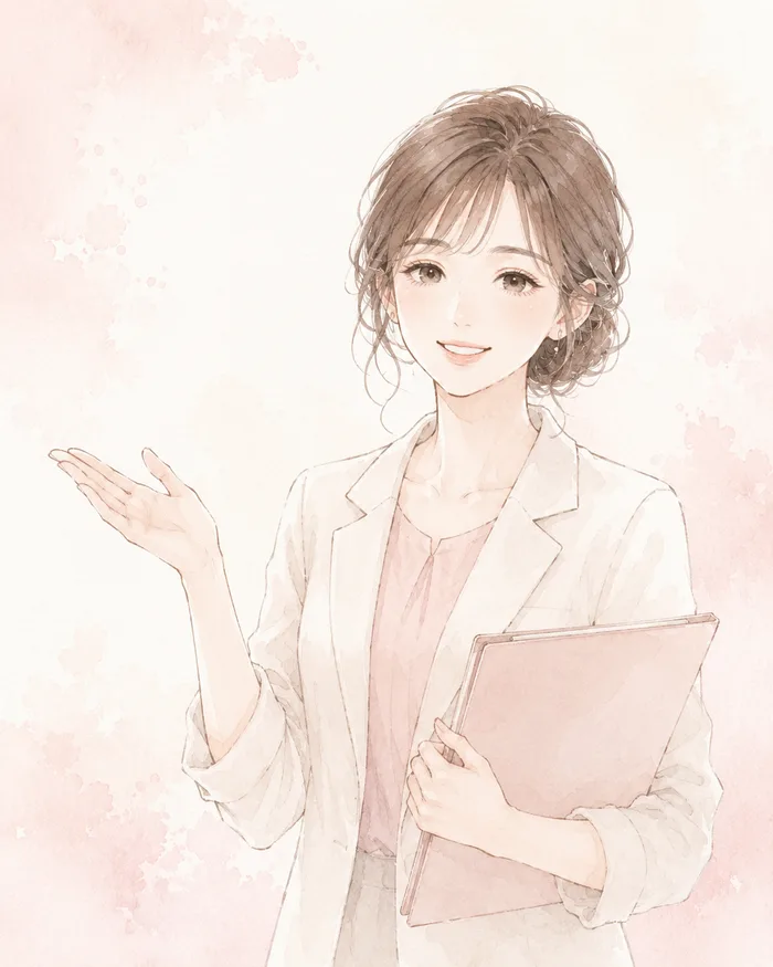 恋愛や婚活の相談を案内する女性アドバイザーの水彩イラスト