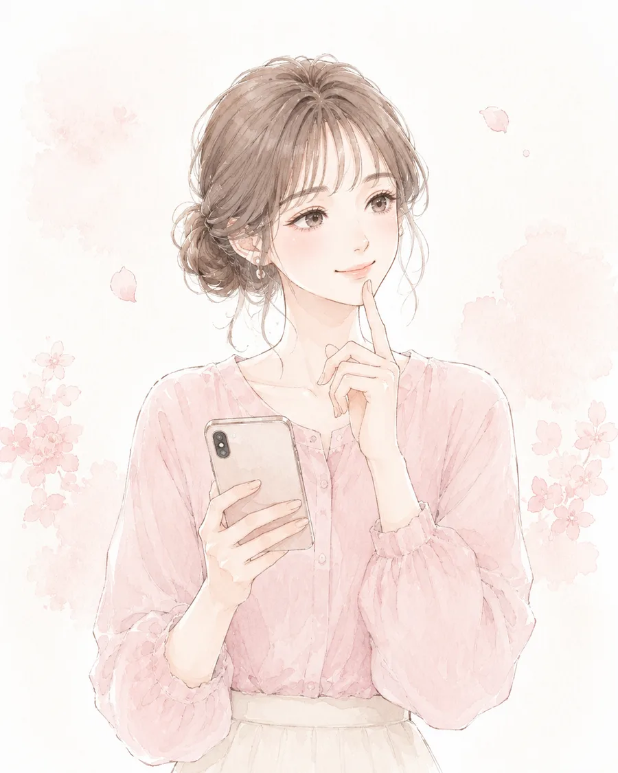 スマートフォンを持ちながら自分に合うアプリを考える女性の水彩イラスト